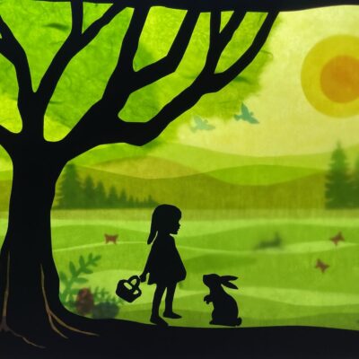 Ostern Mädchen beim Ostereier suchen Jahreszeiten Baum Frühling / Waldorf / transparent / Fensterbild / Fensterbilder /Jahreszeitentisch