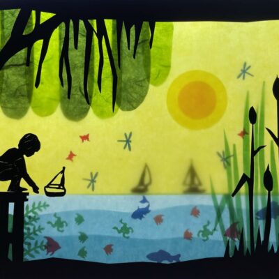 Sommer am Teich, Junge beim Schifflein fahren lassen/ Waldorf / transparent / Fensterbild / Fensterbilder /Jahreszeitentisch (Kopie)