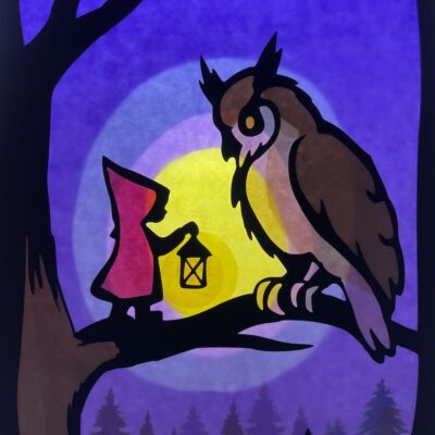 Kleiner Wichtel mit Eule / Märchen / Waldorf / transparent / Fensterbild / Fensterbilder / Winter / Jahreszeitentisch / Papier